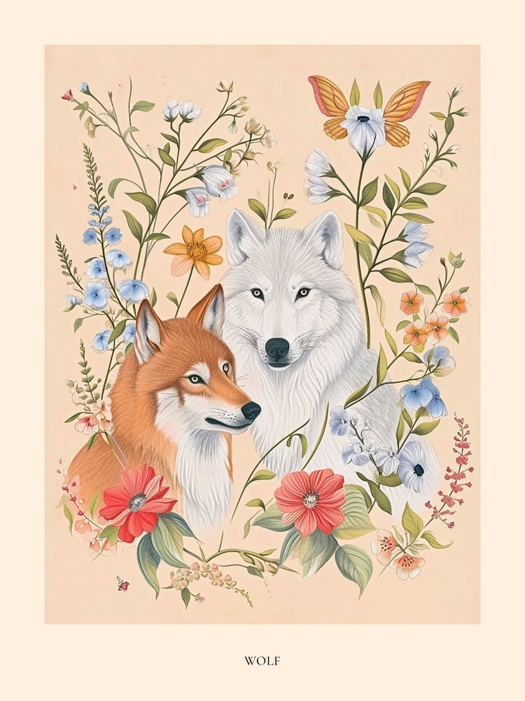 Folksy Floral Animal Drawing Wolf 2 Poster