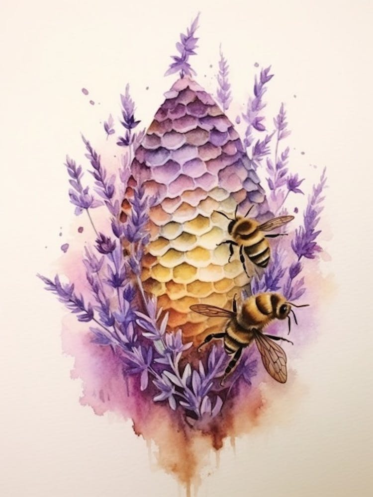 Beehive With Heather Flower Watercolour Illustration 1