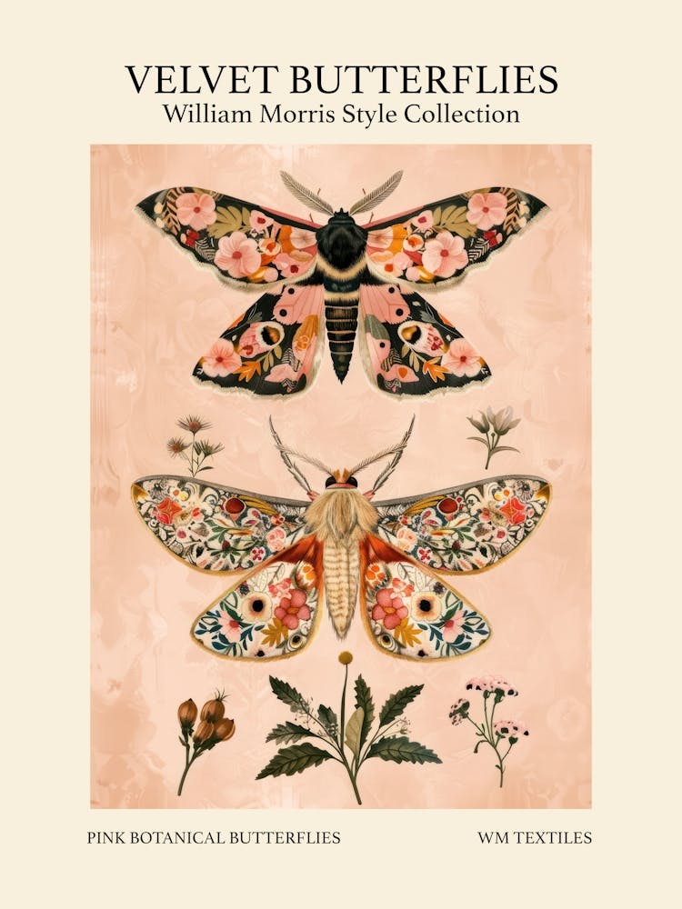 Velvet Butterflies Collection Pink Botanical Butterflies William Morris Style 6