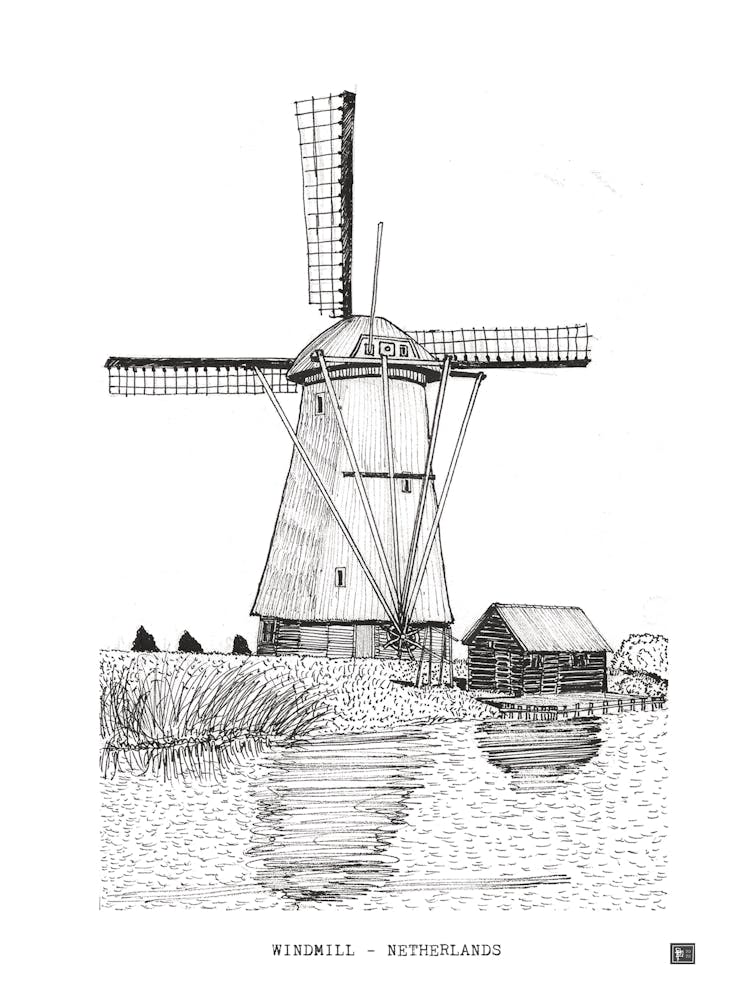 Windmill Netherlands - Dutch Pen and Ink Art