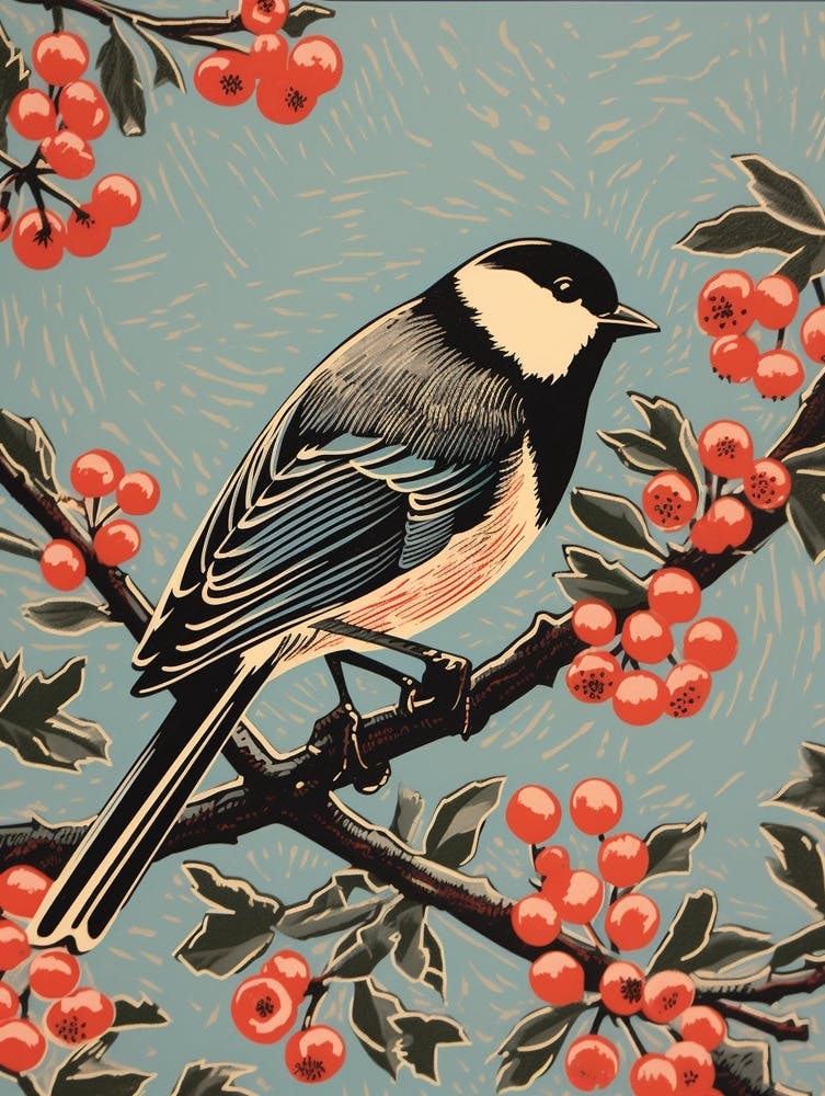 Vintage Bird Linocut Carolina Chickadee 2