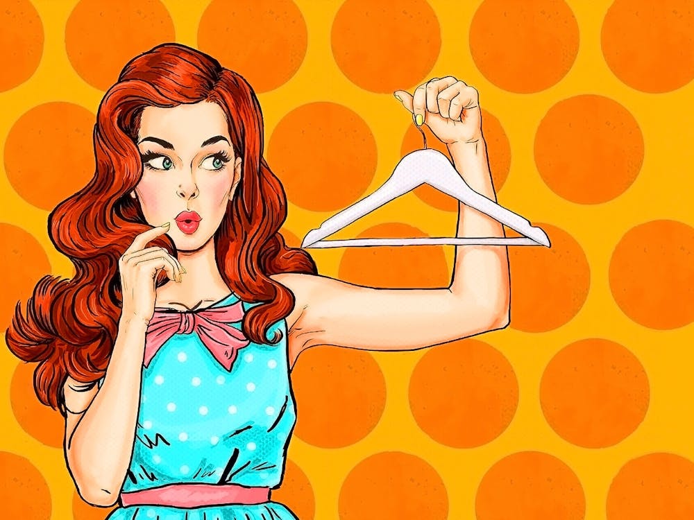 Pop Art Funny Girl With Missing Dress Over Orange Background