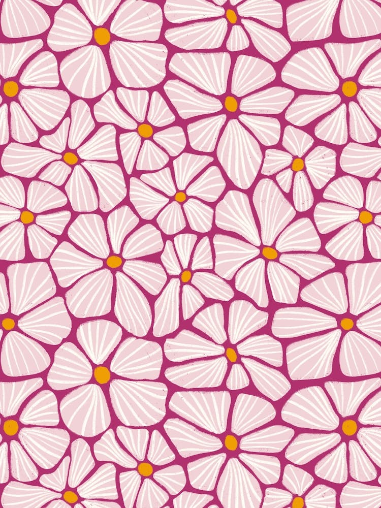 Into The Garden - Flower Mosaic Pink Magenta Textured Hand Drawn
