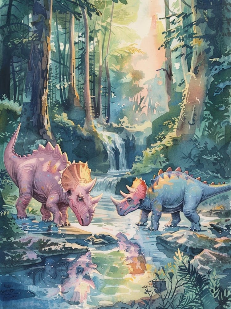 Triceratops Drinking Out Of A Stream Watercolour Painting
