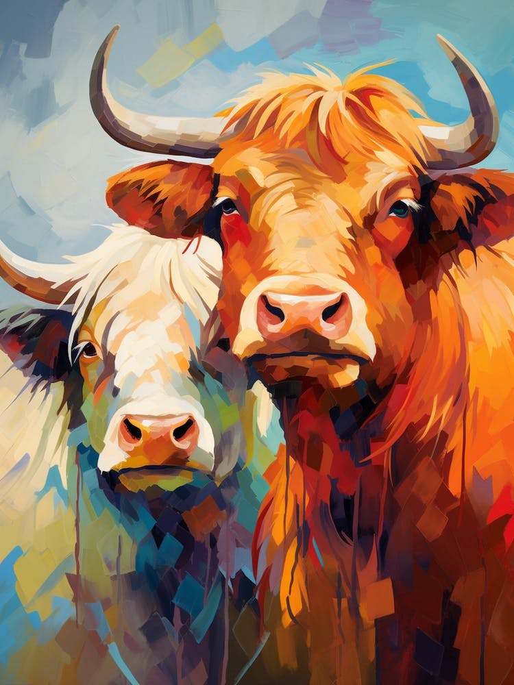 Patchwork Digital Impasto Illustration Of Highland Cows