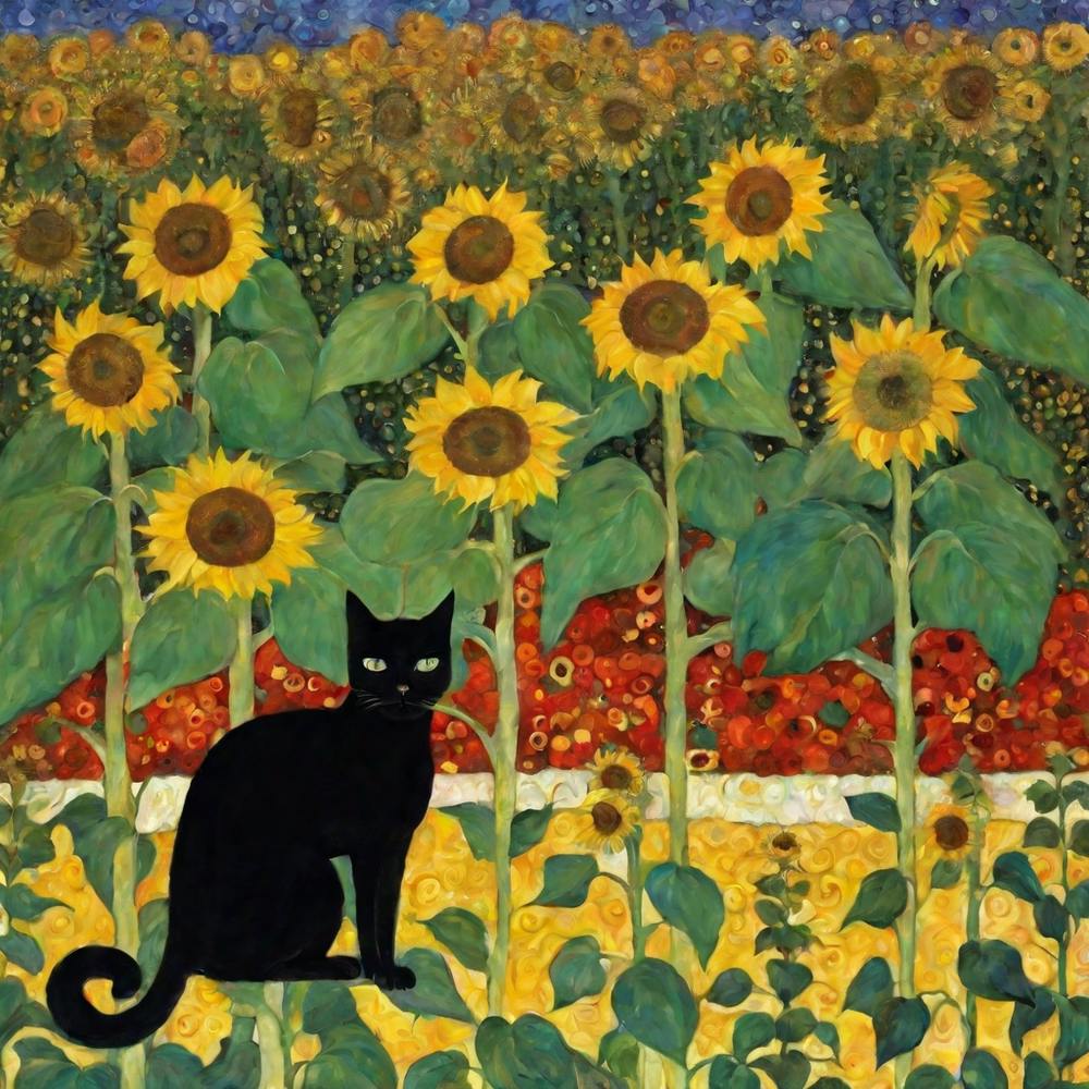 Gustav Klimt Style, Farm Garden With Sunflowers And A Black Cat 2 by realfnx