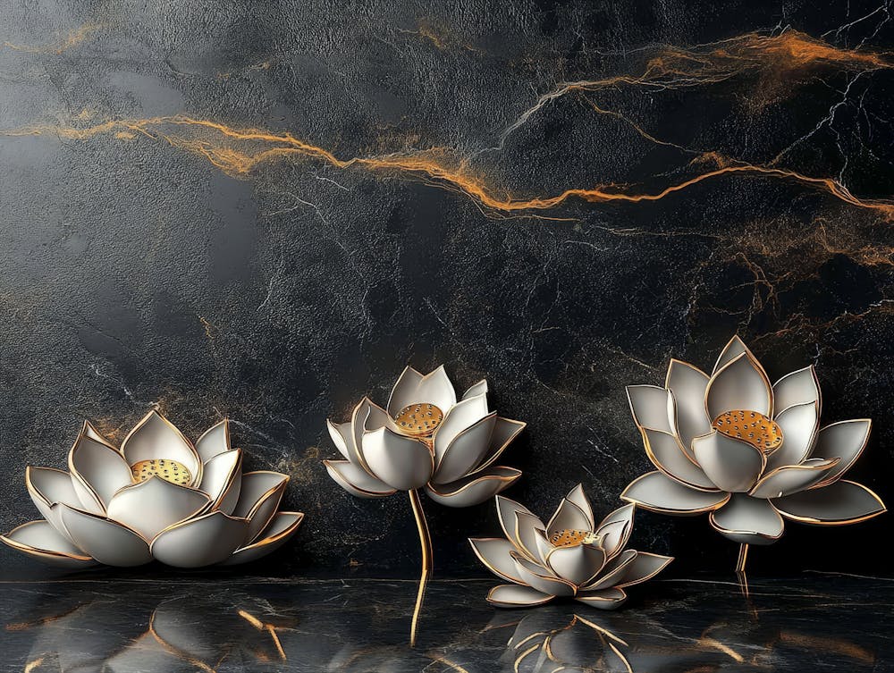3d Lotus Flowers On A Black Granite Luxury