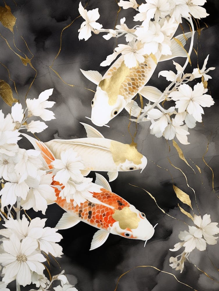 Black And White Koi Fish Watercolour With Botanicals 4