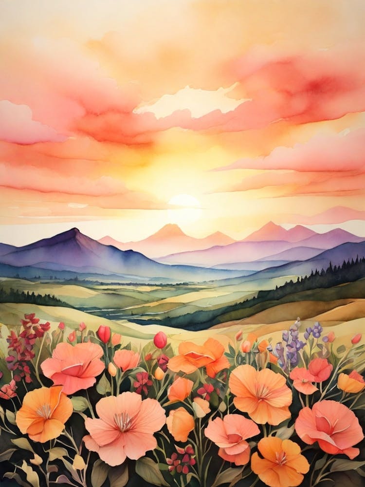 Sonnenuntergang mit Mohnblumen Leinwanddruck