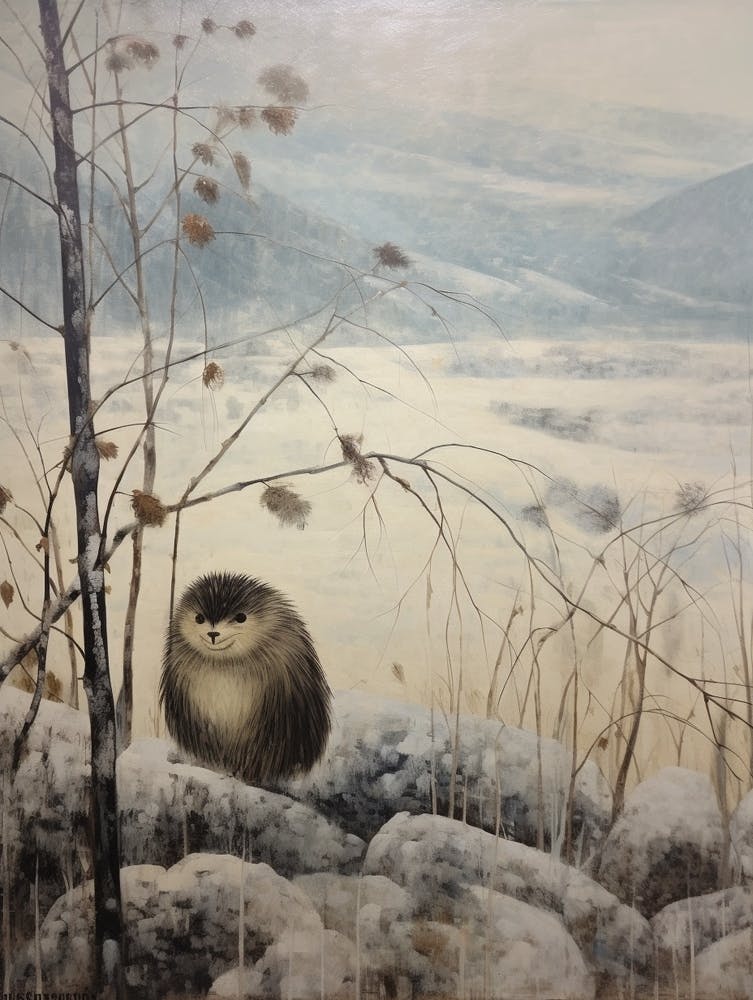 Vintage Winter Animal Painting Porcupine