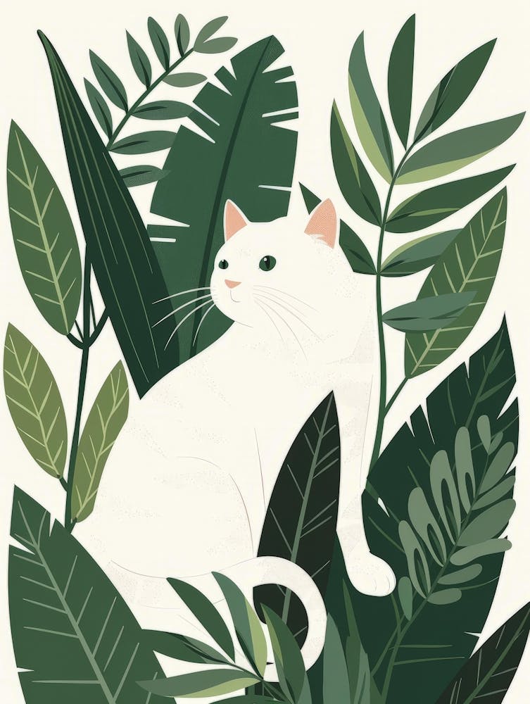 White Cat In Green Leaves