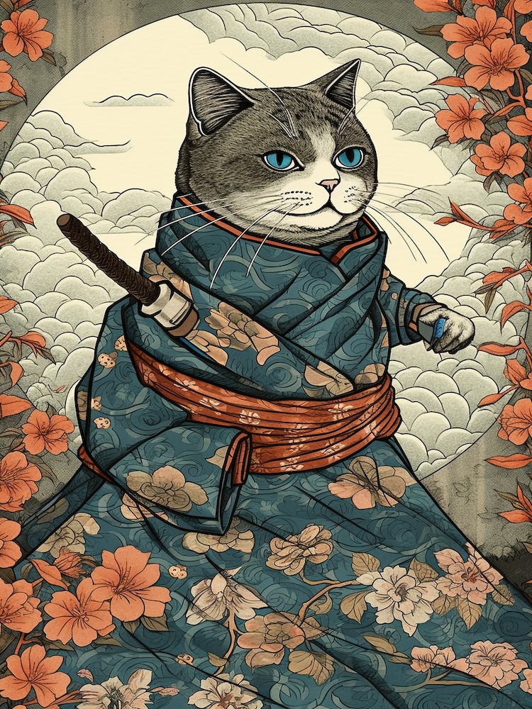 Cute Samurai Cat In The Style Of William Morris 9
