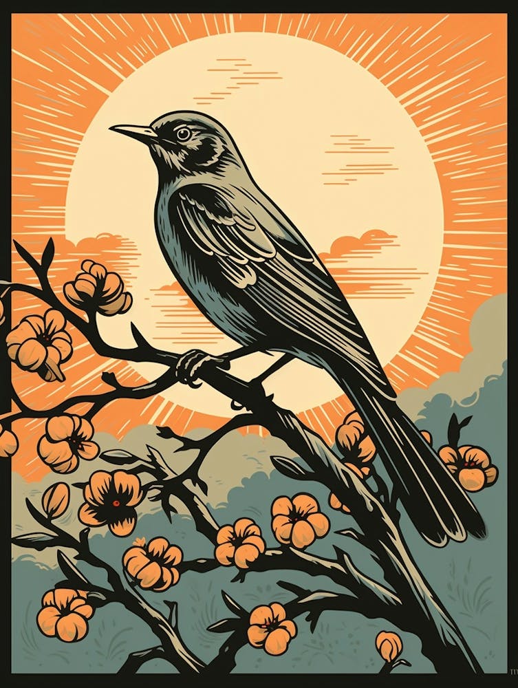 Vintage Bird Linocut Mockingbird 1