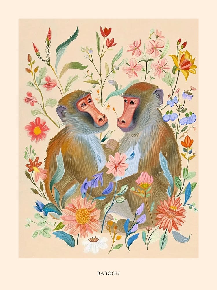 Folksy Floral Animal Drawing Baboon 4 Poster