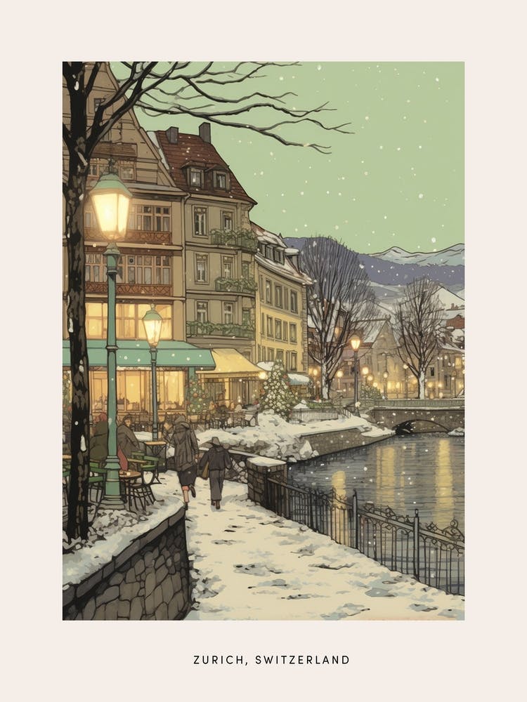 Vintage Winter Poster Zurich Switzerland 2