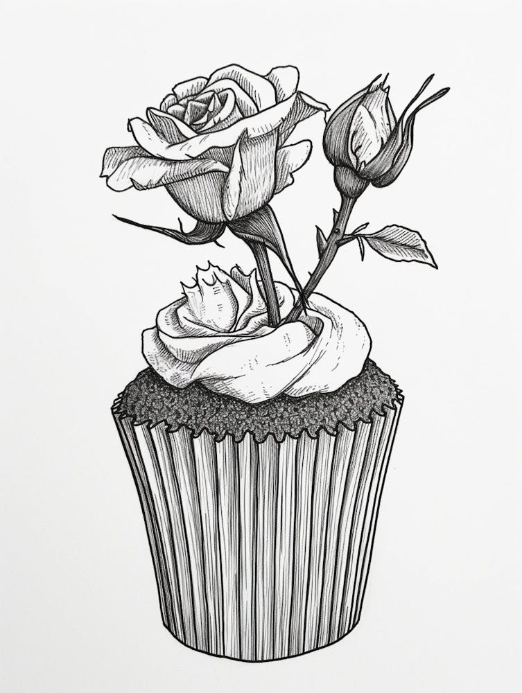 English Rose Cupcake Line Drawing 2