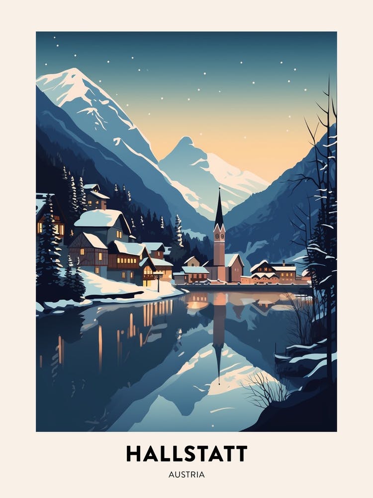 Winter Night  Travel Poster Hallstatt Austria 2