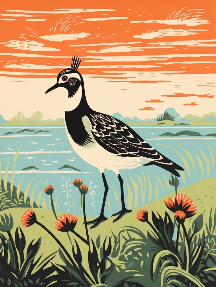 Vintage Bird Linocut Lapwing 2