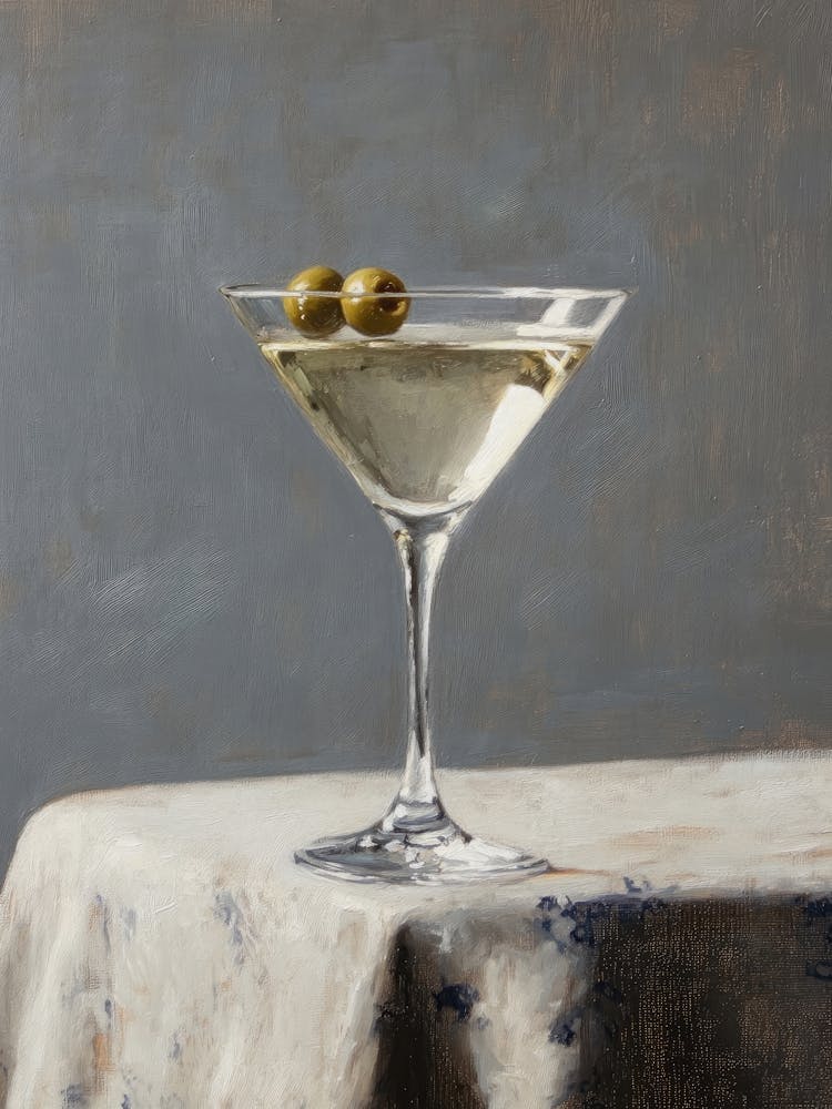 Classic Martini With Olives Still Life Realism Oil Painting in Grey, Elegant Cocktail Modern Bar Cart Wall Art, Vintage Minimalist Dining Room Decor, Sophisticated Kitchen Print Contemporary Interior