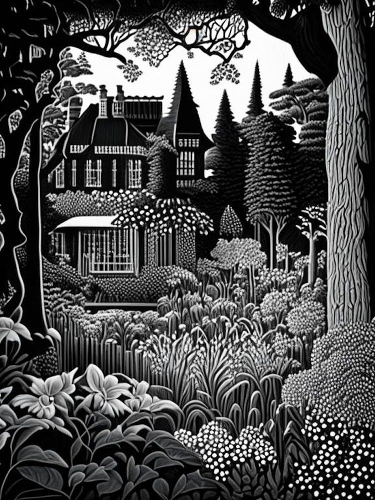 Fredriksdal Museum And Gardens, Sweden Linocut Black And White Vintage
