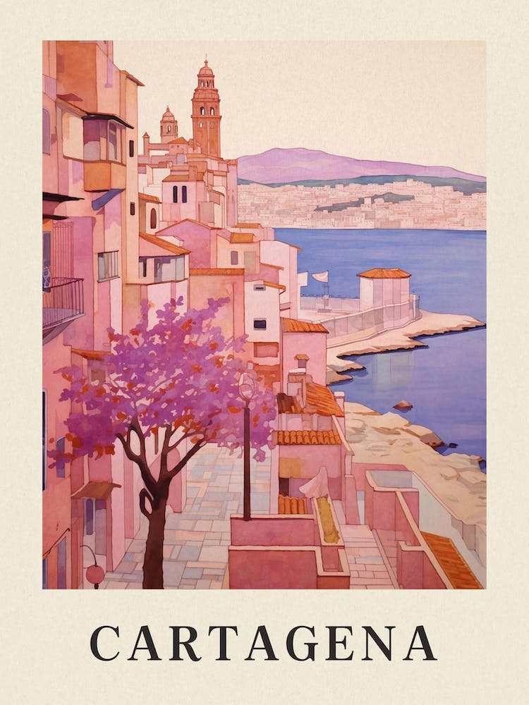Cartagena Spain 4 Vintage Pink Travel Illustration Poster