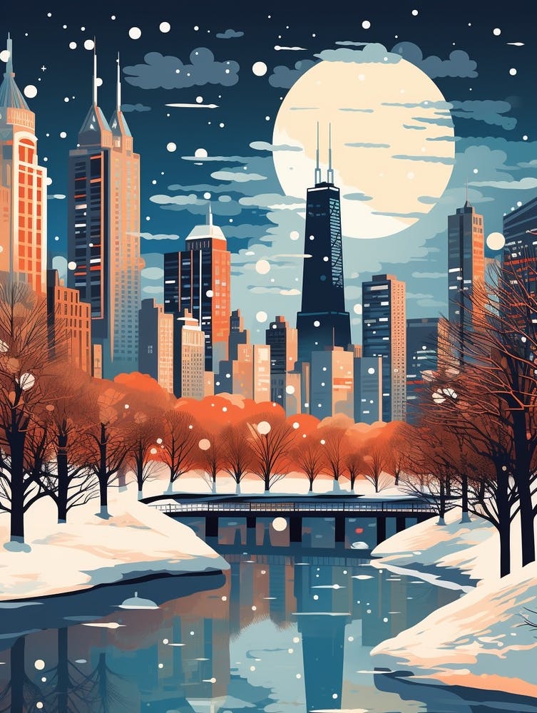 Winter Travel Night Illustration Chicago Usa 4