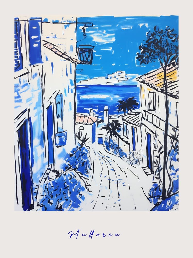 Mallorca Spain Mediterranean Blue Drawing Poster