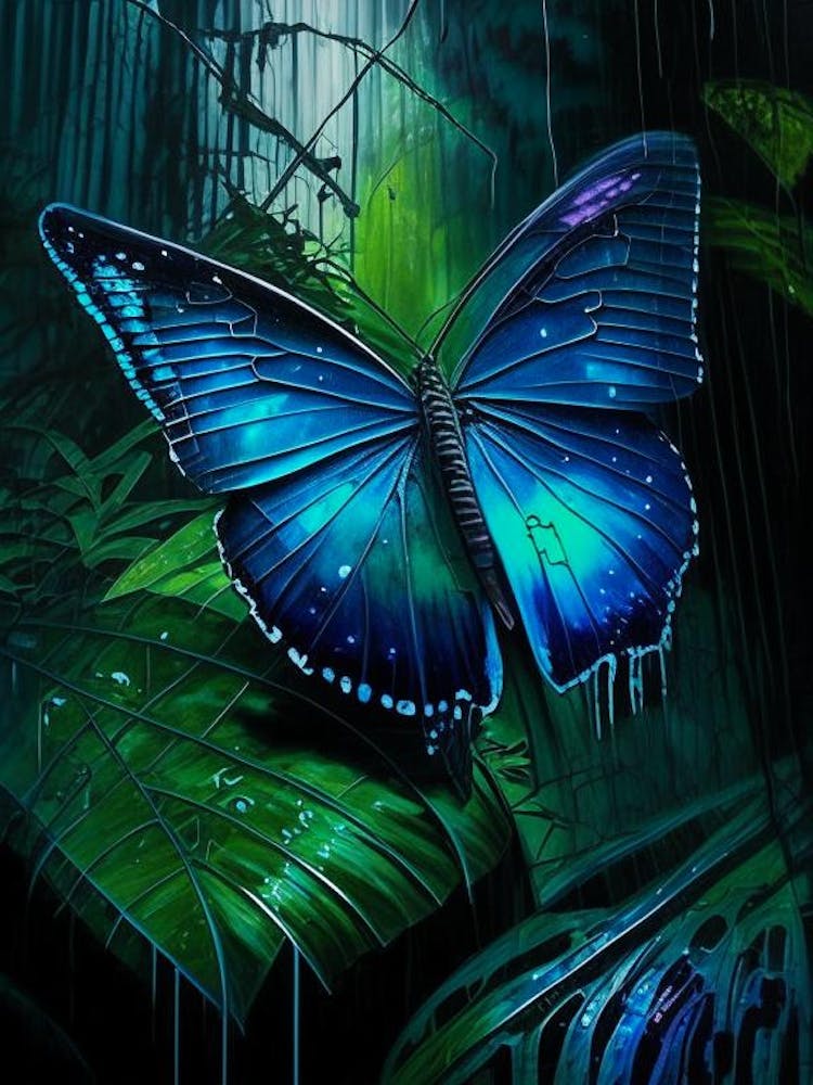Morpho Butterfly In Rain Forest Graffiti Illustration 1