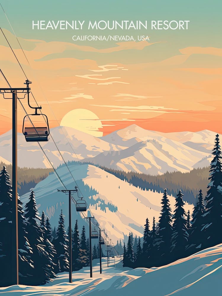 Affiche de Heavenly Mountain Resort California Nevada, Usa, Illustration de station de ski 0
