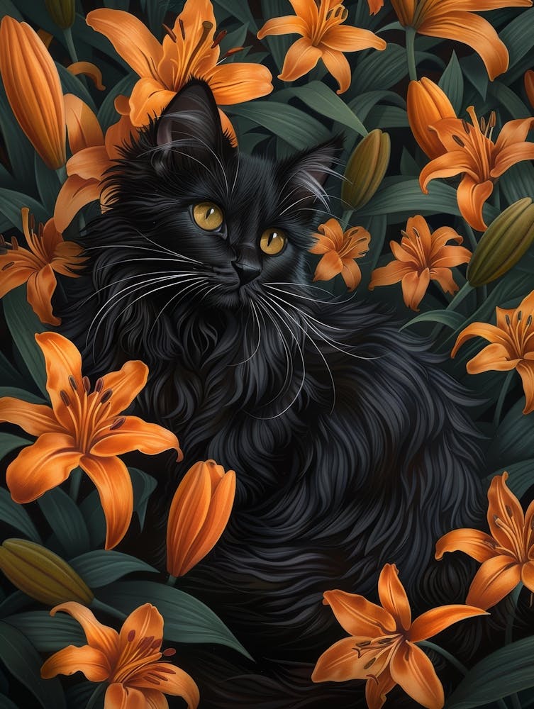 Black Cat With Orange Lilies 1