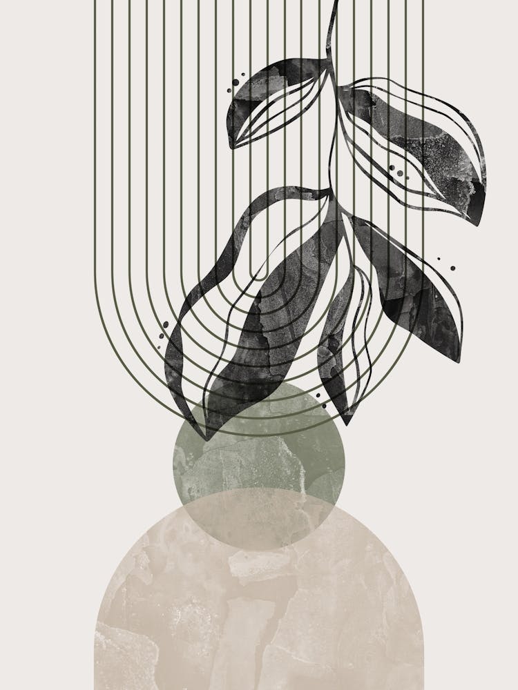 Boho Botanical Art, Sage Green, Black and Beige Mid-Century Modern, Abstract Line 2