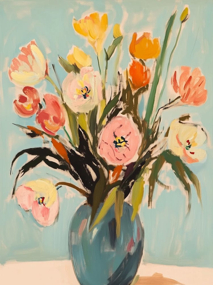 Colorful Flowers In A Blue Vase