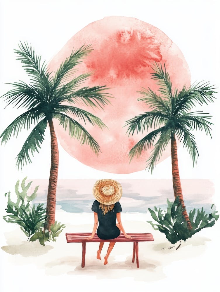 Woman Sitting On A Bench At The Beach