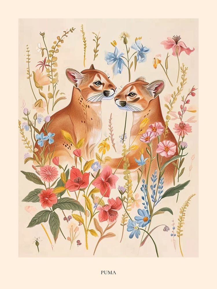 Folkloristische Blumige Tierzeichnung Puma 4 Poster
