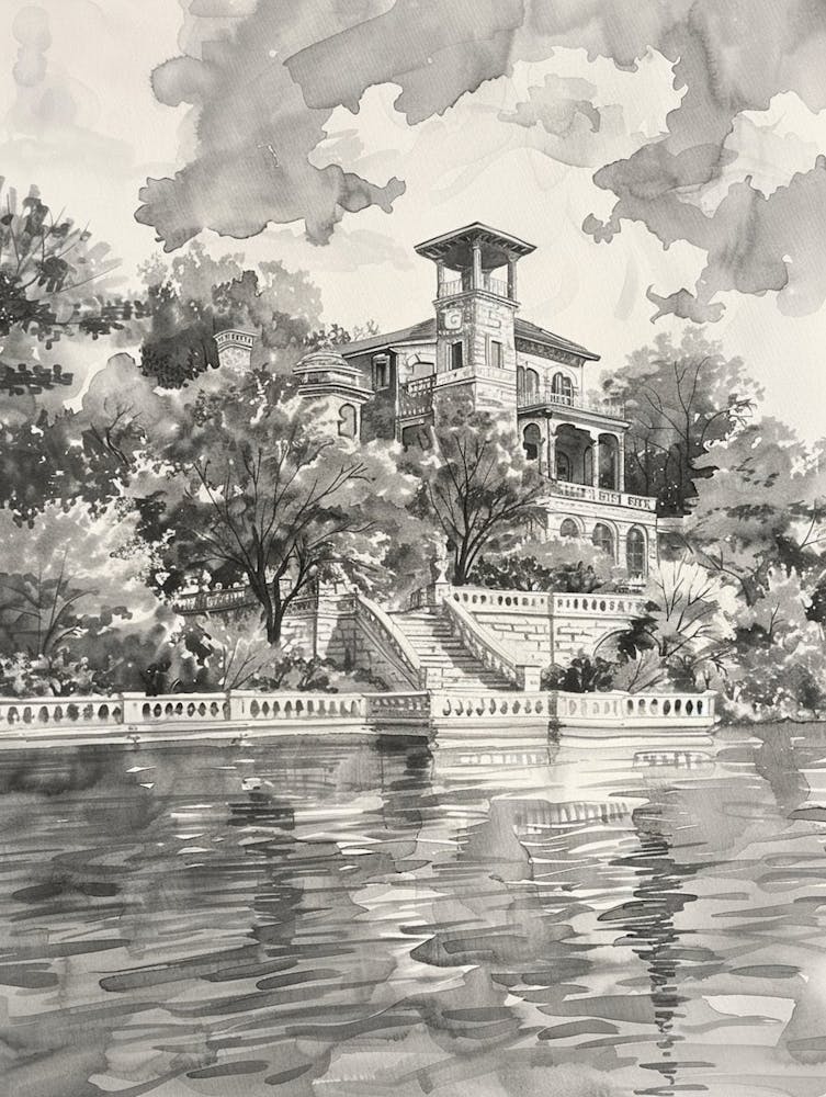 The Oasis On Lake Travis Austin Texas Black And White Watercolour 2