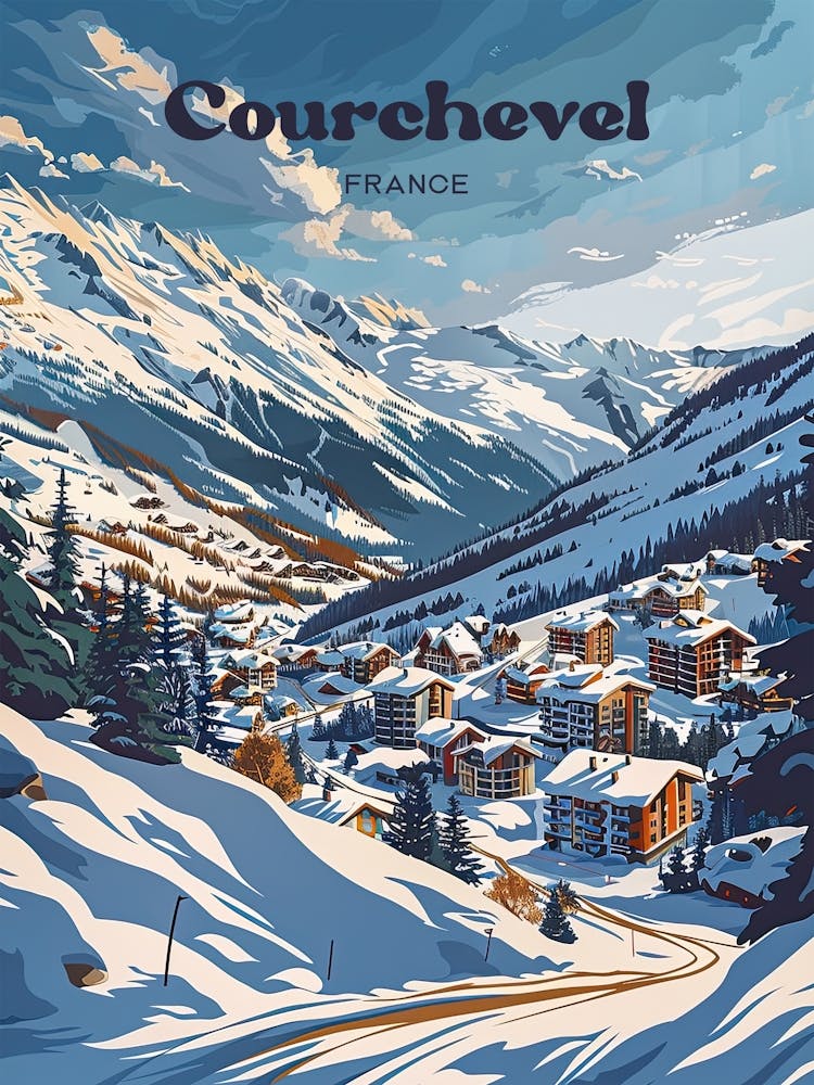 Courchevel France Skiing Travel Art Illustration