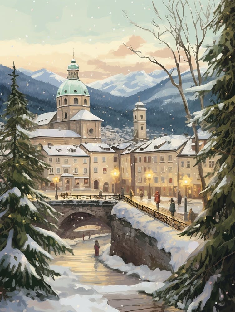 Vintage Winter Illustration Salzburg Austria 3