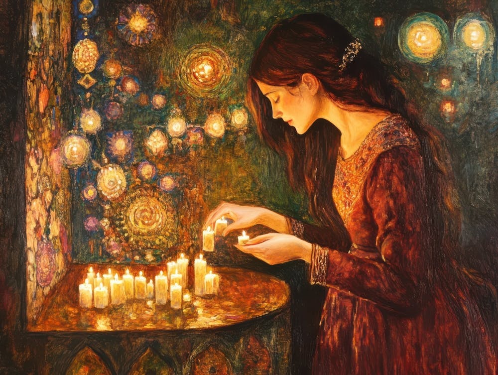 Woman Lighting Candles In A Dark Chamber . style of Gustav Klimt