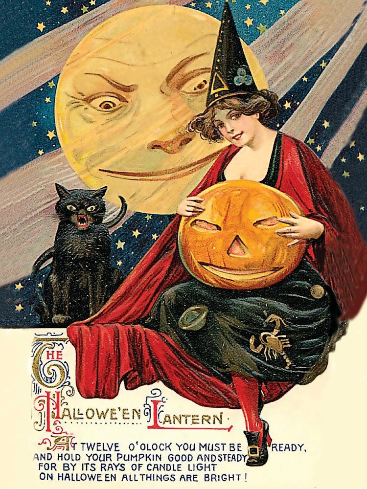 The Halloween Lantern, Witch With Pumpkin And A Poem On A Full Moon