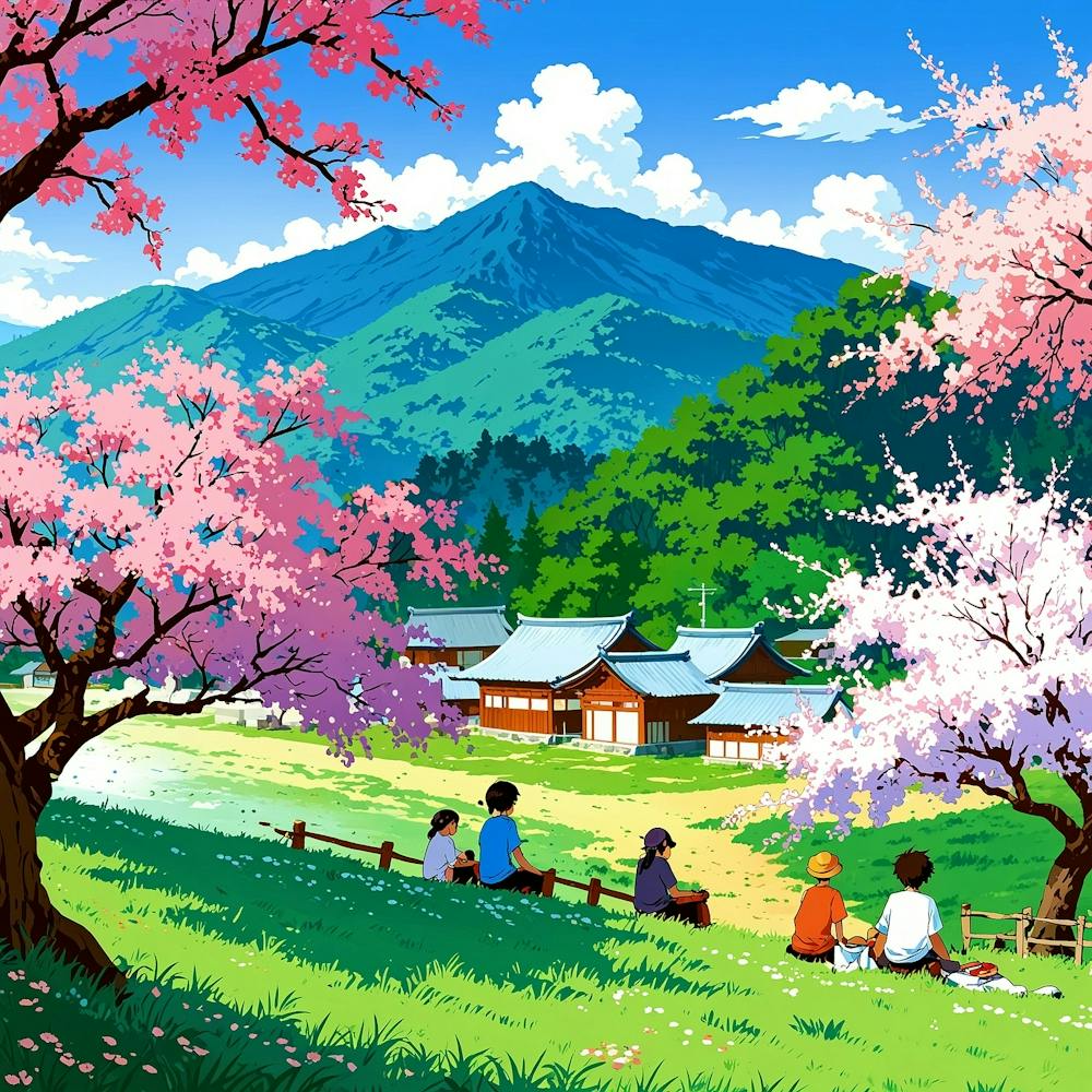 Japanisches Dorf mit Kirschblütenbaum und Berg