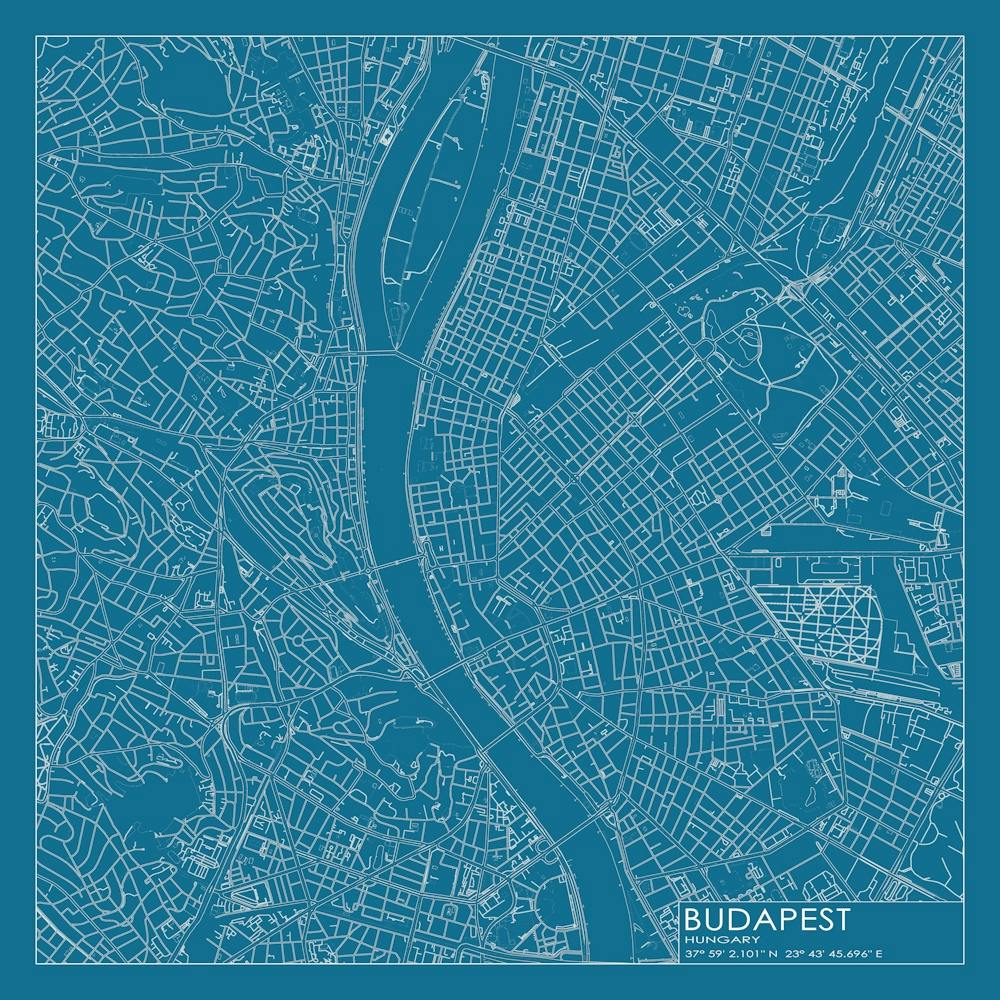 Budapest, Hungary, City Map Blueprint Design