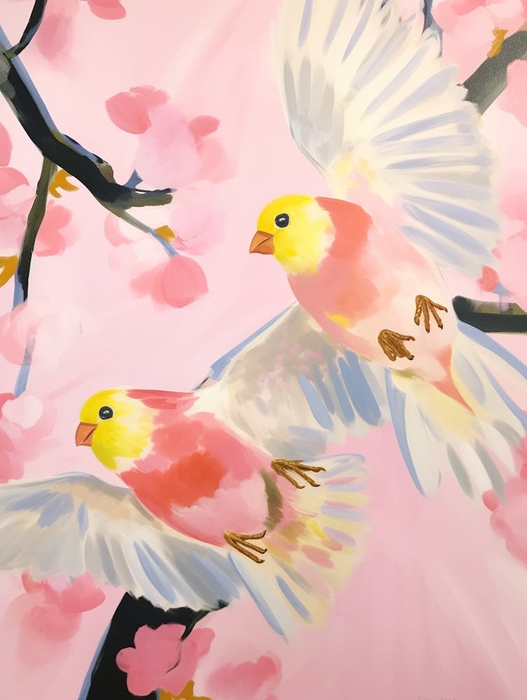 Pink Ethereal Bird Painting American Goldfinch 1