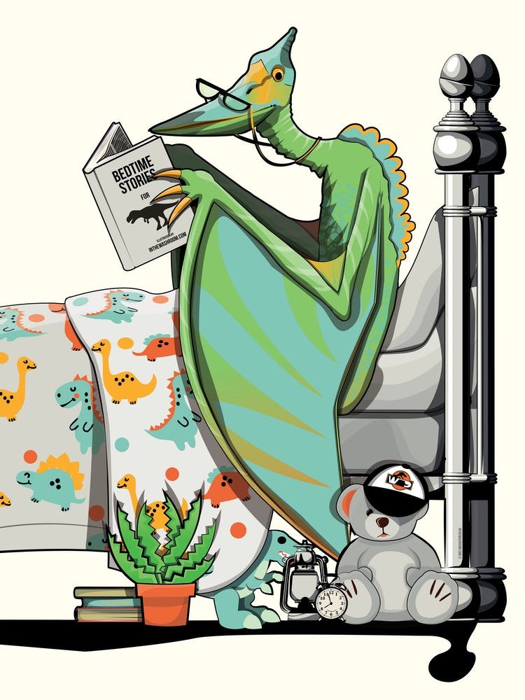 Dinosaurier Pterodaktylus im Bett