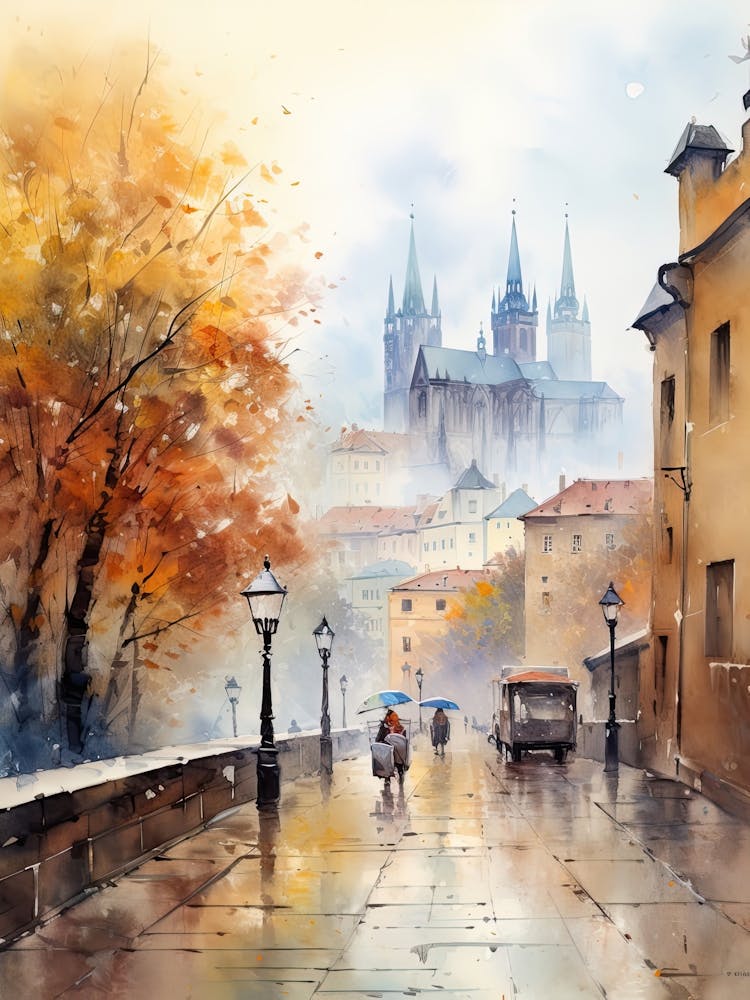 Prague Czech Republic In Autumn Fall, Watercolour 1