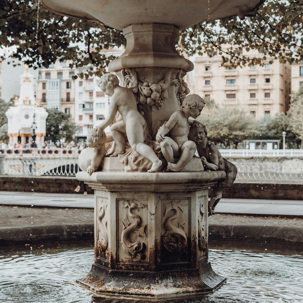 Water Fountain Statue, Colour, Square St Sebastian, Spain Square