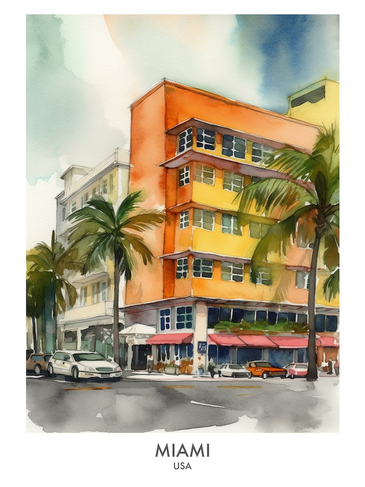 Miami Watercolour Travel Poster 2