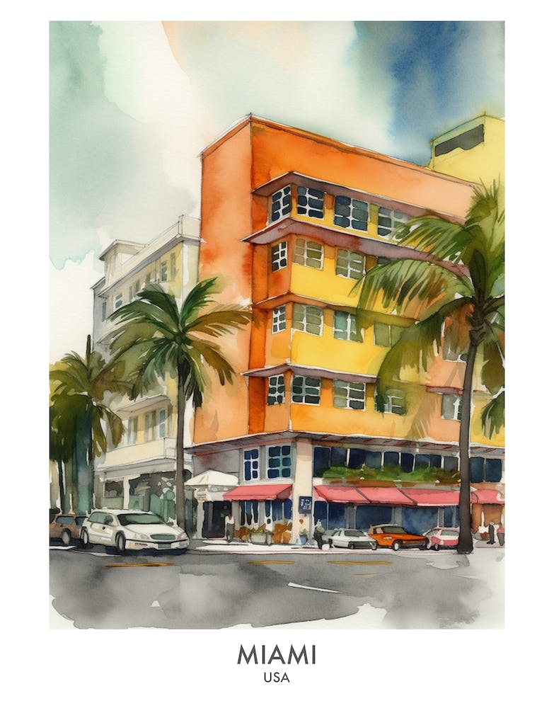 Miami Watercolour Travel Poster 2