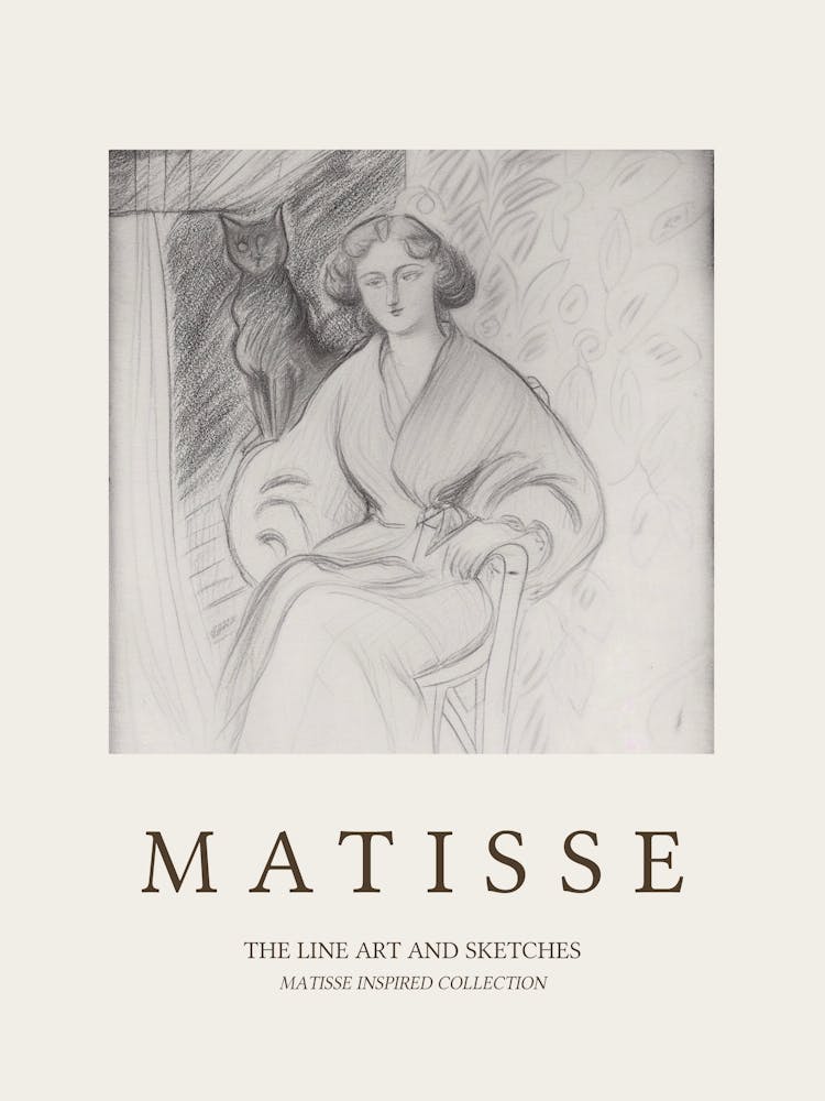 Line Art Of Woman And Black Cat Matisse Inspired