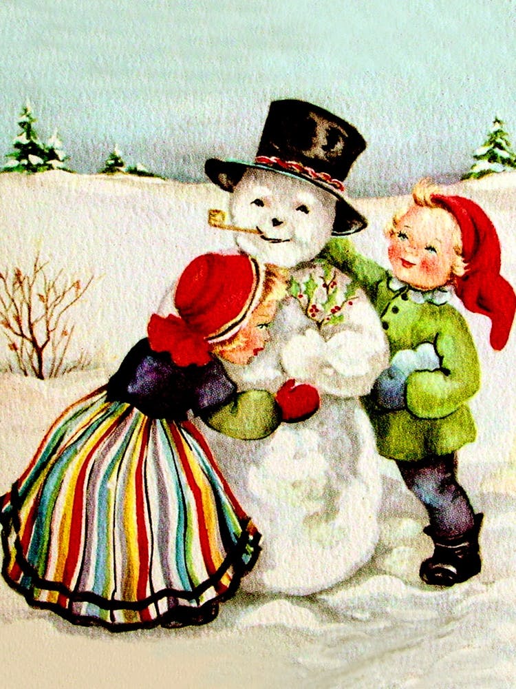 Kids Couple And A Snowman, Holiday Greeting