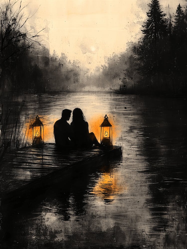 Couple On A Dock, Monochrome, Charcoal Style